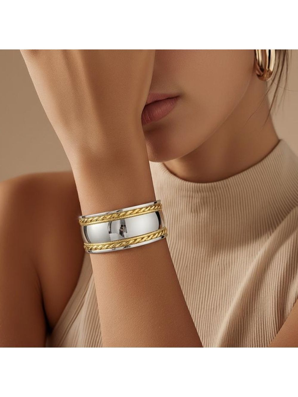 Luxury Elegant Twisted Wide Curved Stainless Steel Open Bracelet Bangle